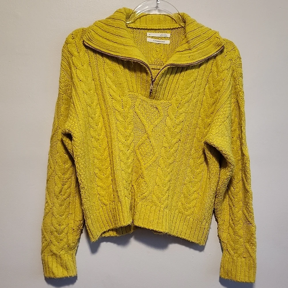 Anthropologie Lime Yellow Cropped Chunky Cable Knit Quarter Zip Sweater XS